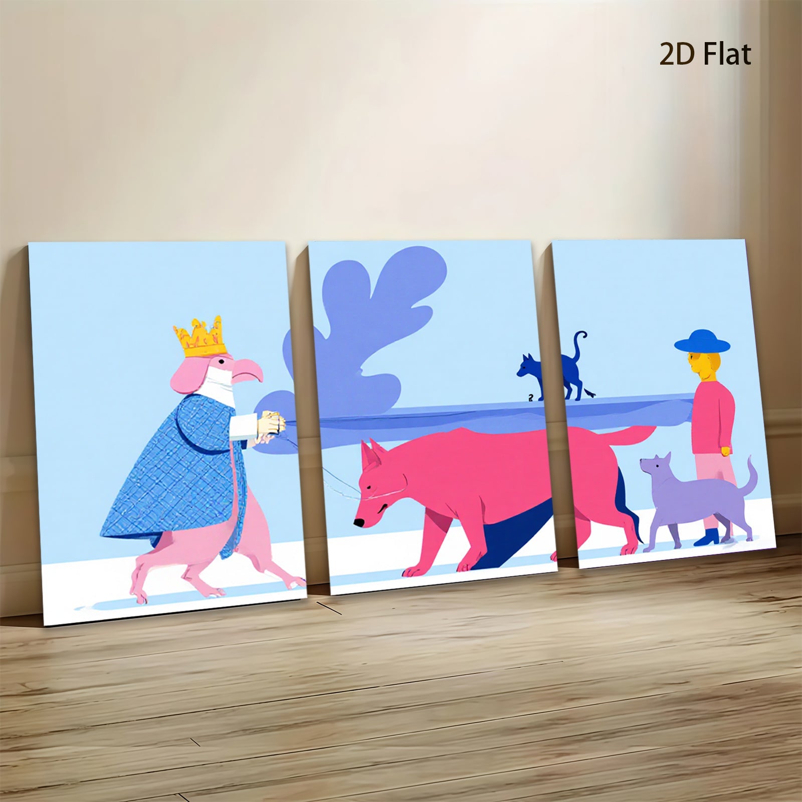 2D flat 1pc whimsical canine procession playful dog art nursery playroom bedroom gallery wrapped canvas modern farmhouse wall decor