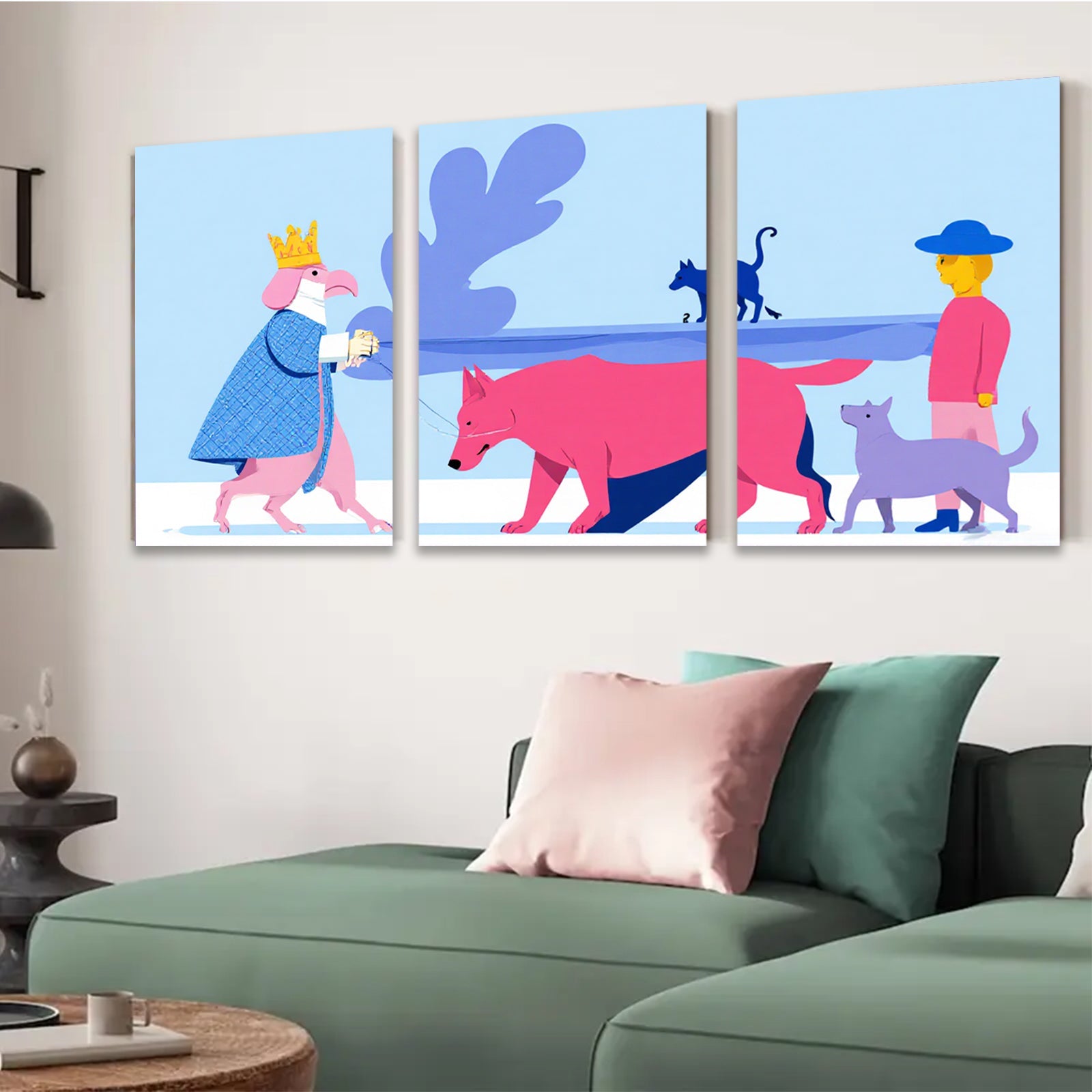 2D flat 1pc whimsical canine procession playful dog art nursery playroom bedroom gallery wrapped canvas modern farmhouse wall decor