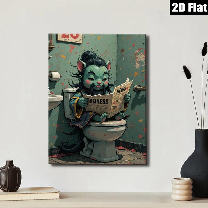 2D flat 1pc whimsical cat reads news bathroom humor wall art canvas prints for living room bedroom decor farmhouse style modern minimalist