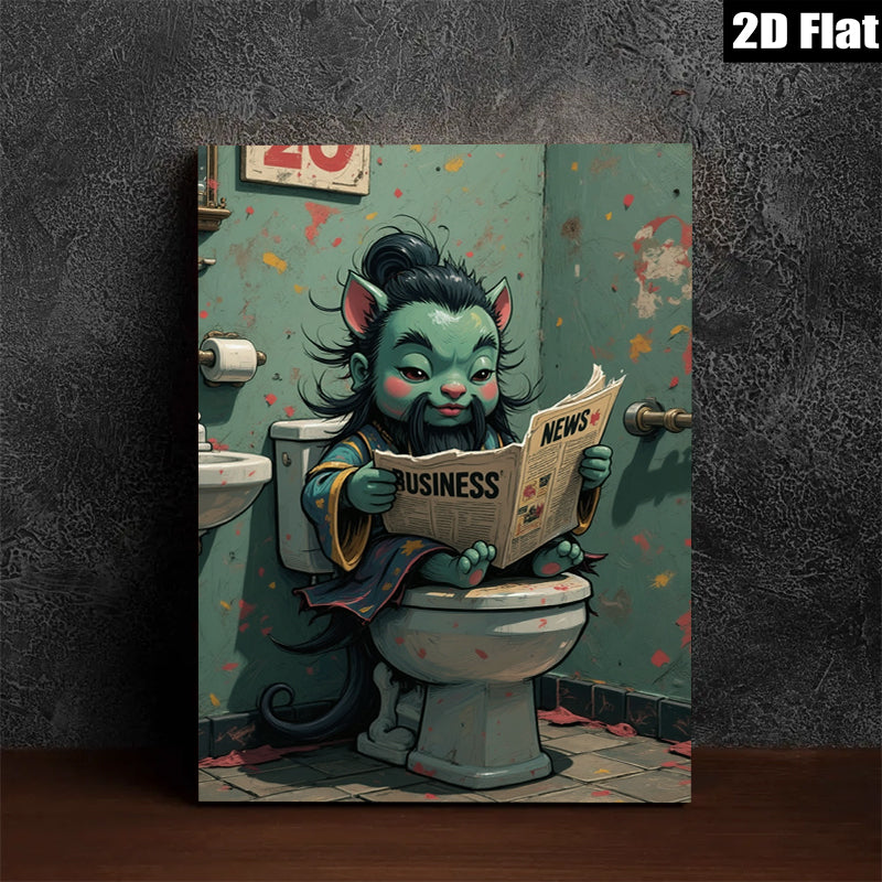 2D flat 1pc whimsical cat reads news bathroom humor wall art canvas prints for living room bedroom decor farmhouse style modern minimalist