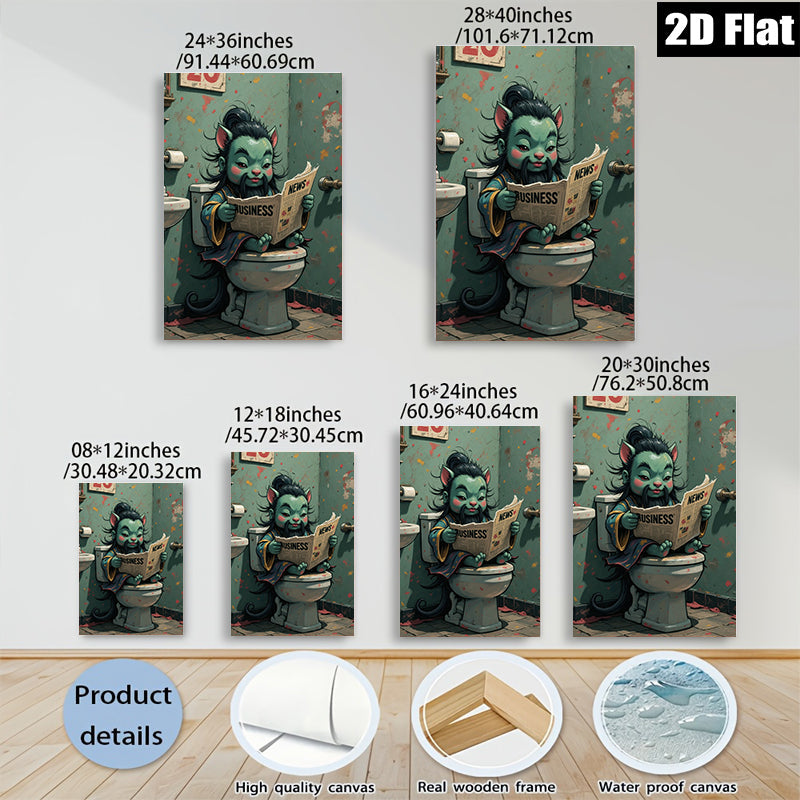 2D flat 1pc whimsical cat reads news bathroom humor wall art canvas prints for living room bedroom decor farmhouse style modern minimalist