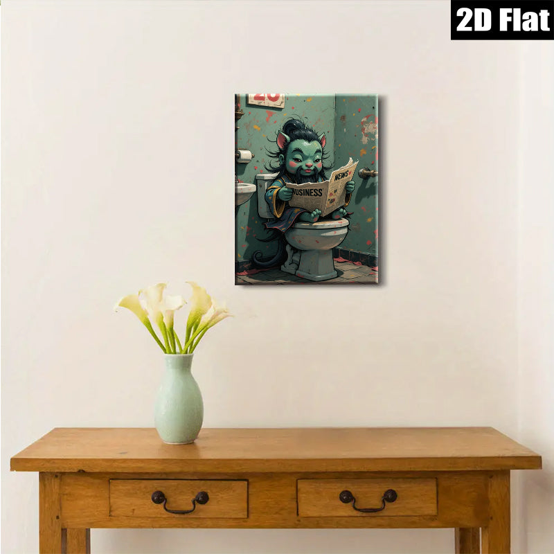 2D flat 1pc whimsical cat reads news bathroom humor wall art canvas prints for living room bedroom decor farmhouse style modern minimalist