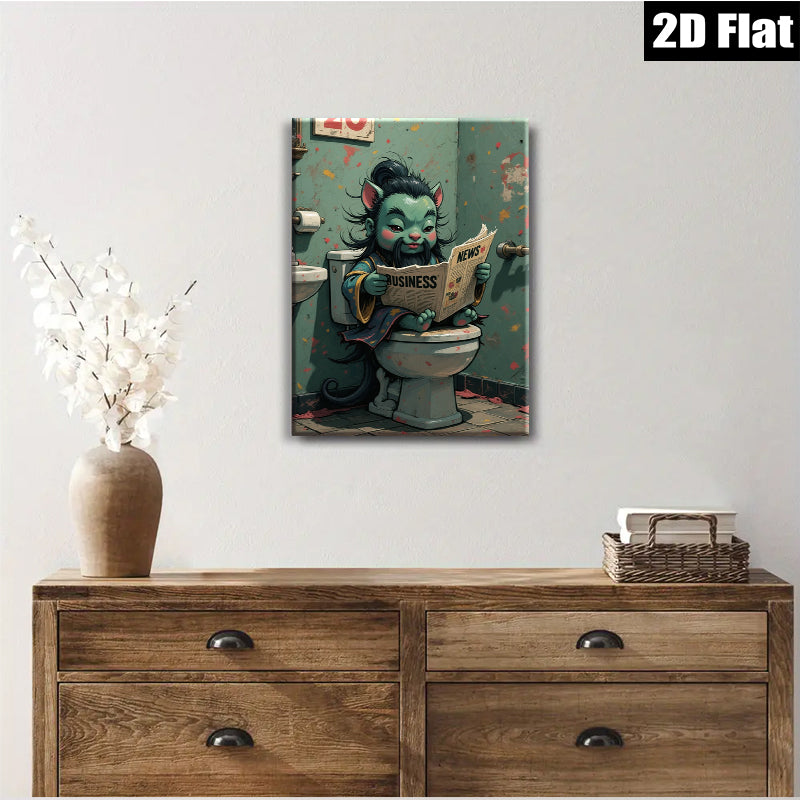 2D flat 1pc whimsical cat reads news bathroom humor wall art canvas prints for living room bedroom decor farmhouse style modern minimalist