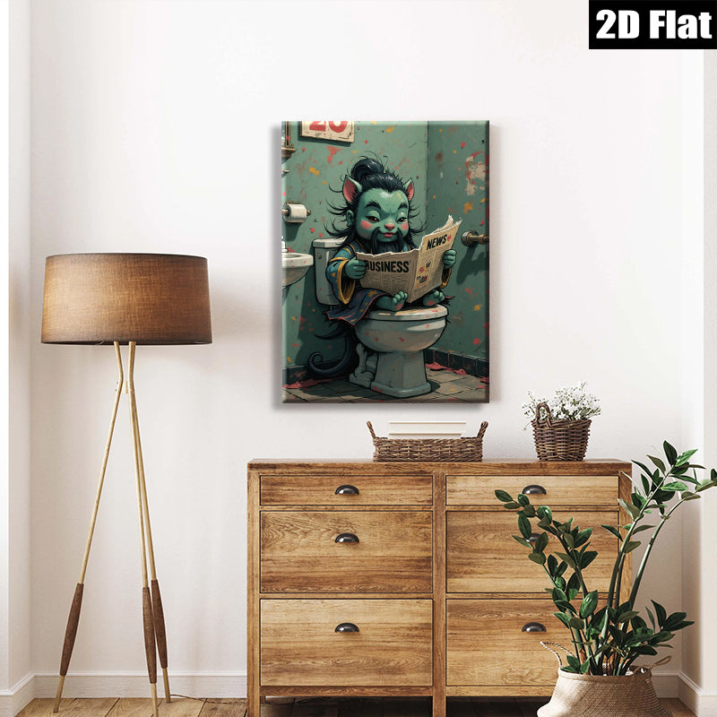 2D flat 1pc whimsical cat reads news bathroom humor wall art canvas prints for living room bedroom decor farmhouse style modern minimalist