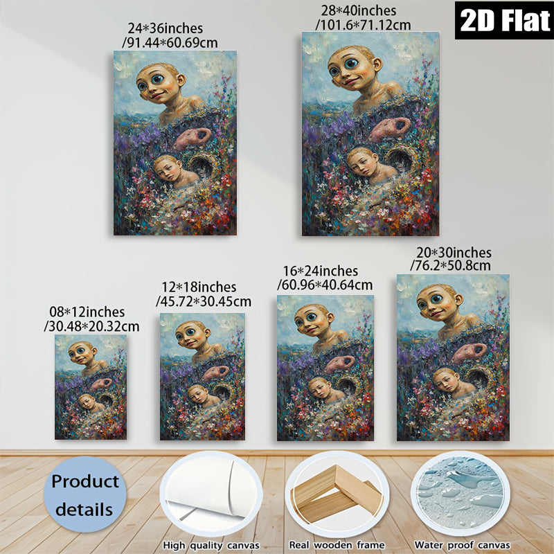 2D flat 1pc whimsical children bloom flower field canvas wall art bedroom living room decor farmhouse style modern gallery wrapped