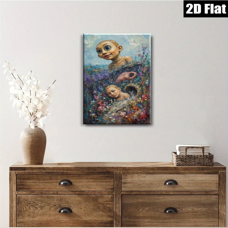 2D flat 1pc whimsical children bloom flower field canvas wall art bedroom living room decor farmhouse style modern gallery wrapped