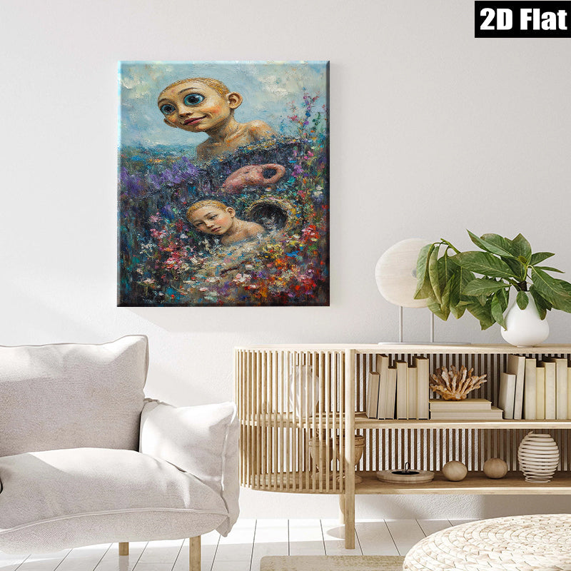 2D flat 1pc whimsical children bloom flower field canvas wall art bedroom living room decor farmhouse style modern gallery wrapped