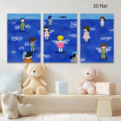 2D flat 1pc whimsical children floating among abstract blue swirls perfect for kids room nursery decor farmhouse wall art modern minimalist
