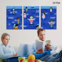 2D flat 1pc whimsical children floating among abstract blue swirls perfect for kids room nursery decor farmhouse wall art modern minimalist