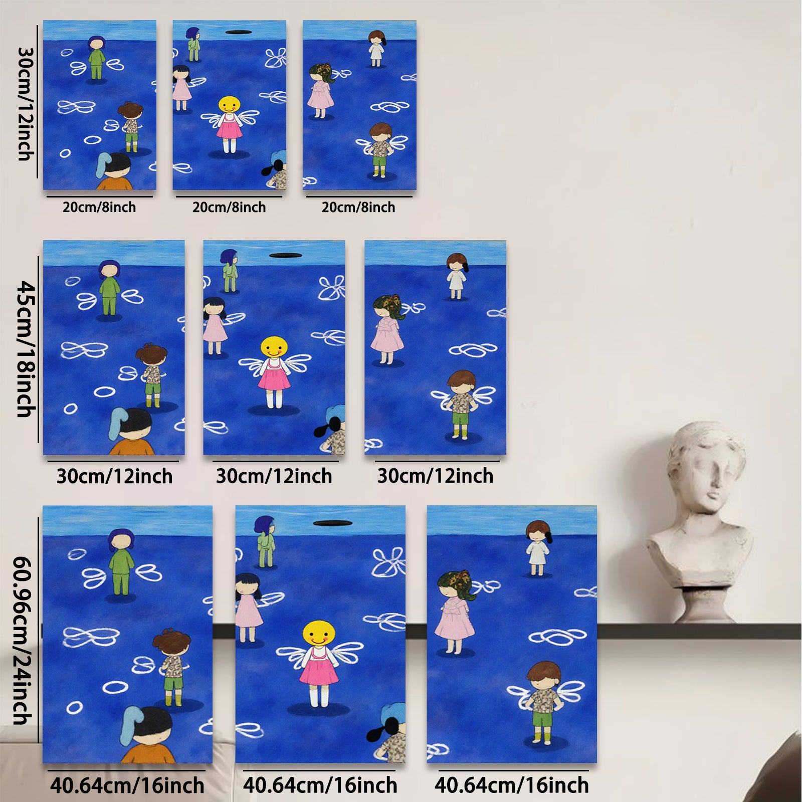 2D flat 1pc whimsical children floating among abstract blue swirls perfect for kids room nursery decor farmhouse wall art modern minimalist
