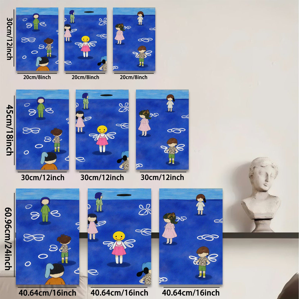 2D flat 1pc whimsical children floating among abstract blue swirls perfect for kids room nursery decor farmhouse wall art modern minimalist