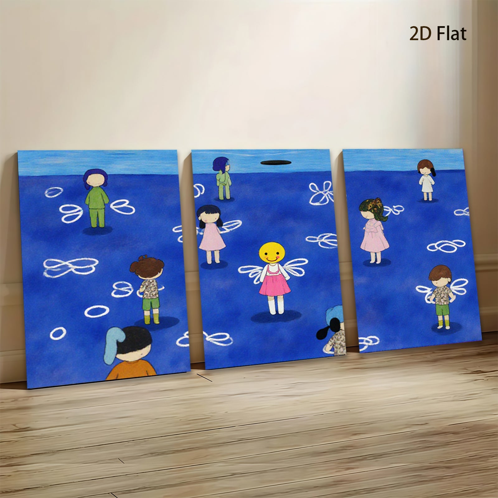 2D flat 1pc whimsical children floating among abstract blue swirls perfect for kids room nursery decor farmhouse wall art modern minimalist