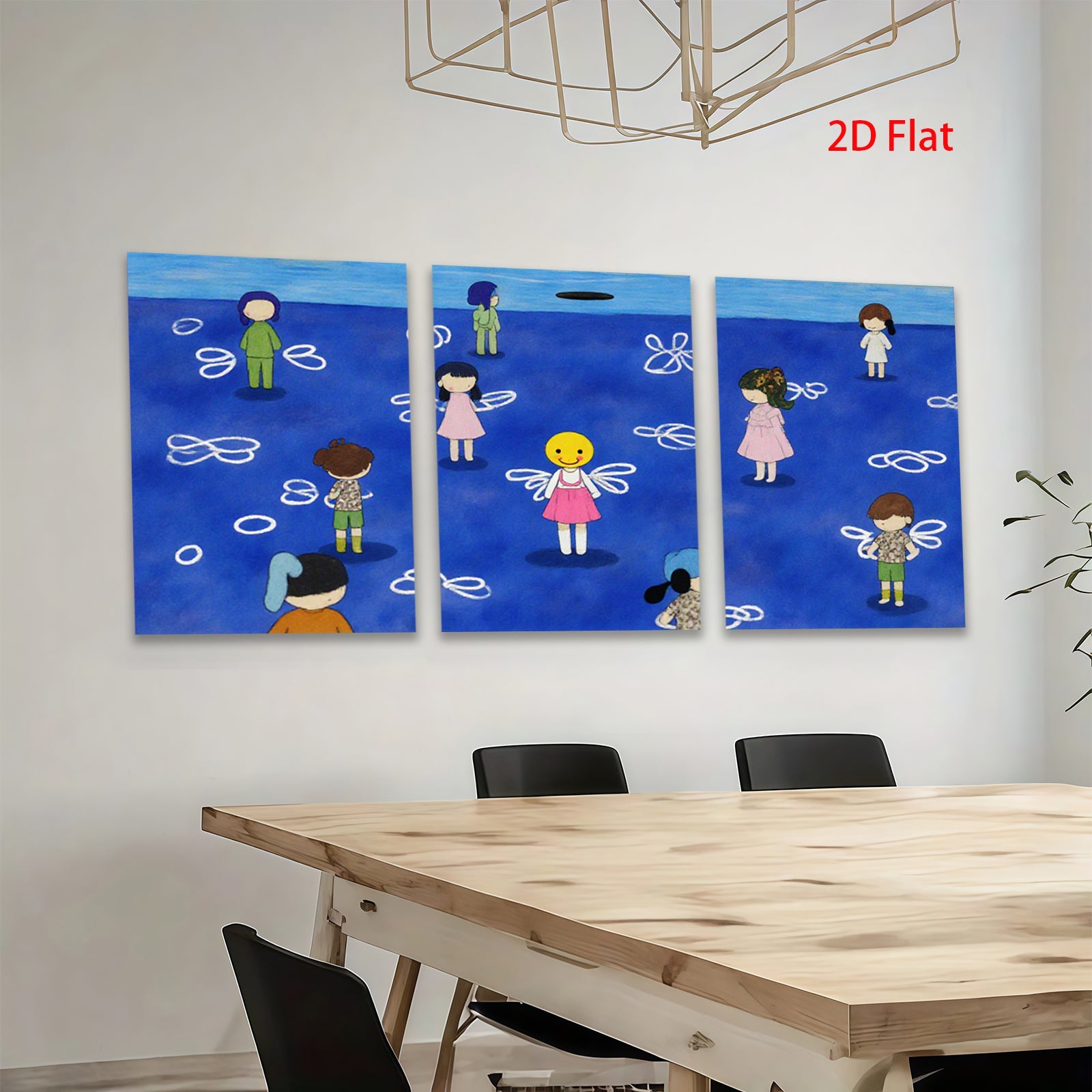 2D flat 1pc whimsical children floating among abstract blue swirls perfect for kids room nursery decor farmhouse wall art modern minimalist