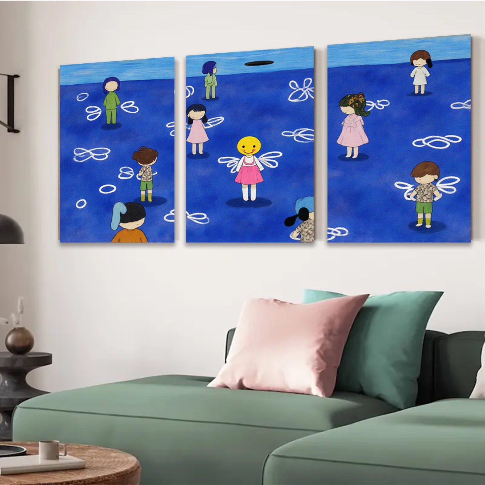 2D flat 1pc whimsical children floating among abstract blue swirls perfect for kids room nursery decor farmhouse wall art modern minimalist