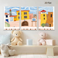 2D flat 1pc whimsical coastal townscape painting for kids room nursery decor farmhouse wall art modern minimalist gallery wrapped canvas print