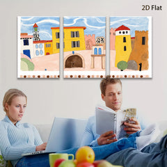 2D flat 1pc whimsical coastal townscape painting for kids room nursery decor farmhouse wall art modern minimalist gallery wrapped canvas print
