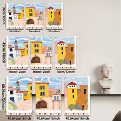2D flat 1pc whimsical coastal townscape painting for kids room nursery decor farmhouse wall art modern minimalist gallery wrapped canvas print