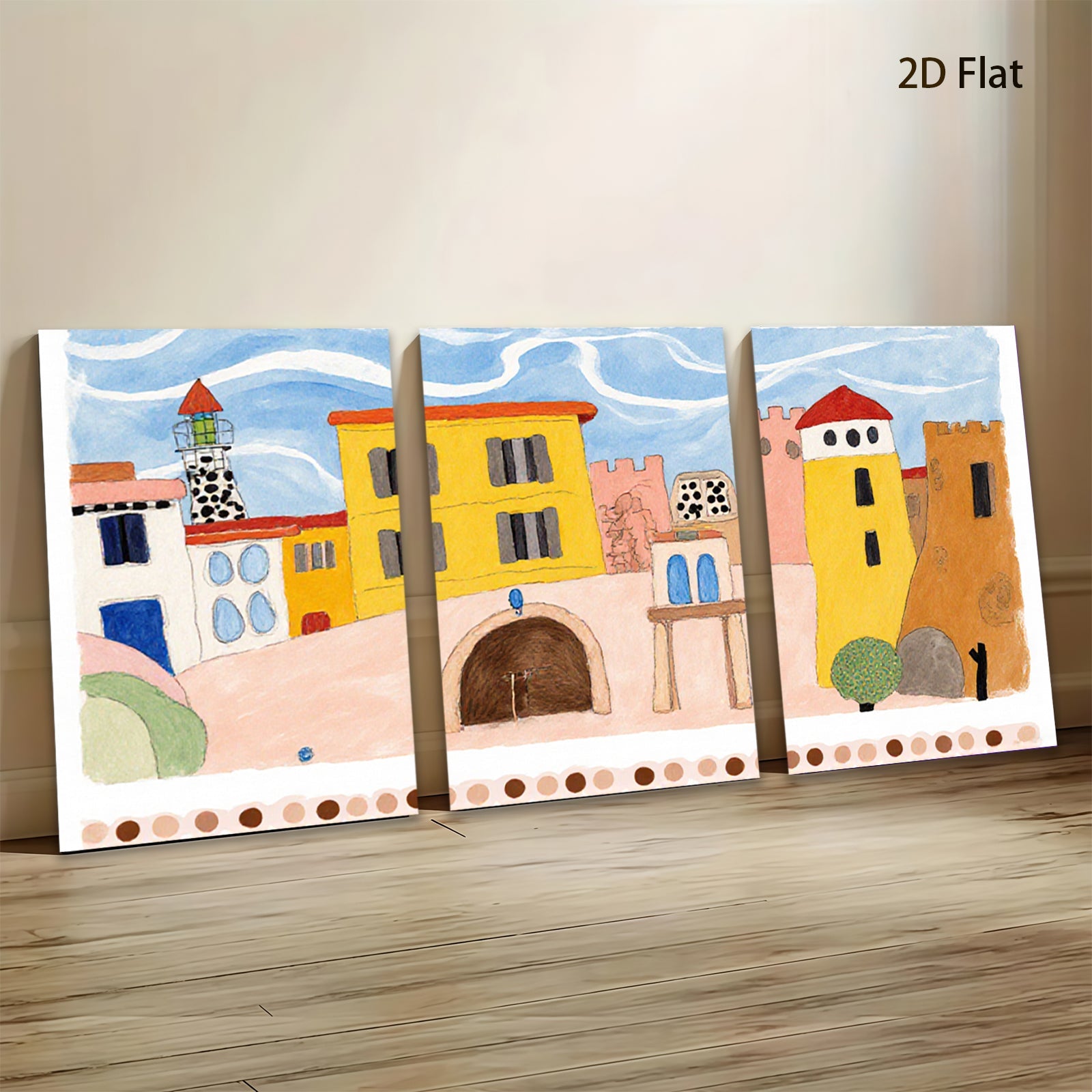 2D flat 1pc whimsical coastal townscape painting for kids room nursery decor farmhouse wall art modern minimalist gallery wrapped canvas print