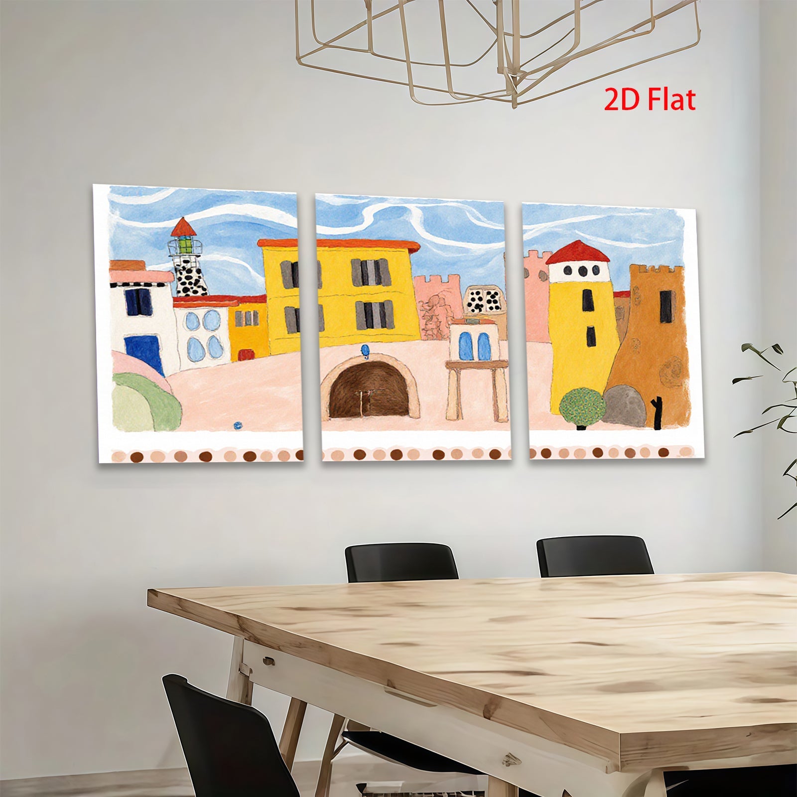 2D flat 1pc whimsical coastal townscape painting for kids room nursery decor farmhouse wall art modern minimalist gallery wrapped canvas print