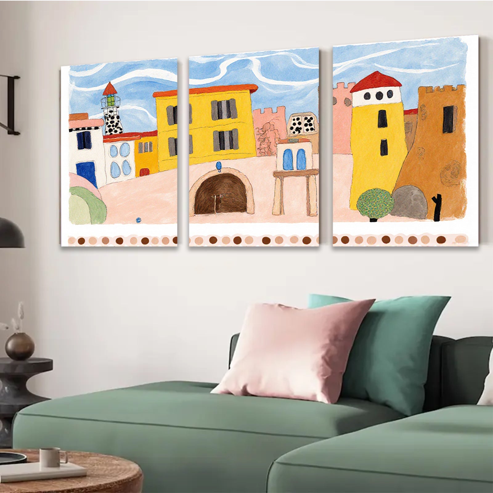 2D flat 1pc whimsical coastal townscape painting for kids room nursery decor farmhouse wall art modern minimalist gallery wrapped canvas print