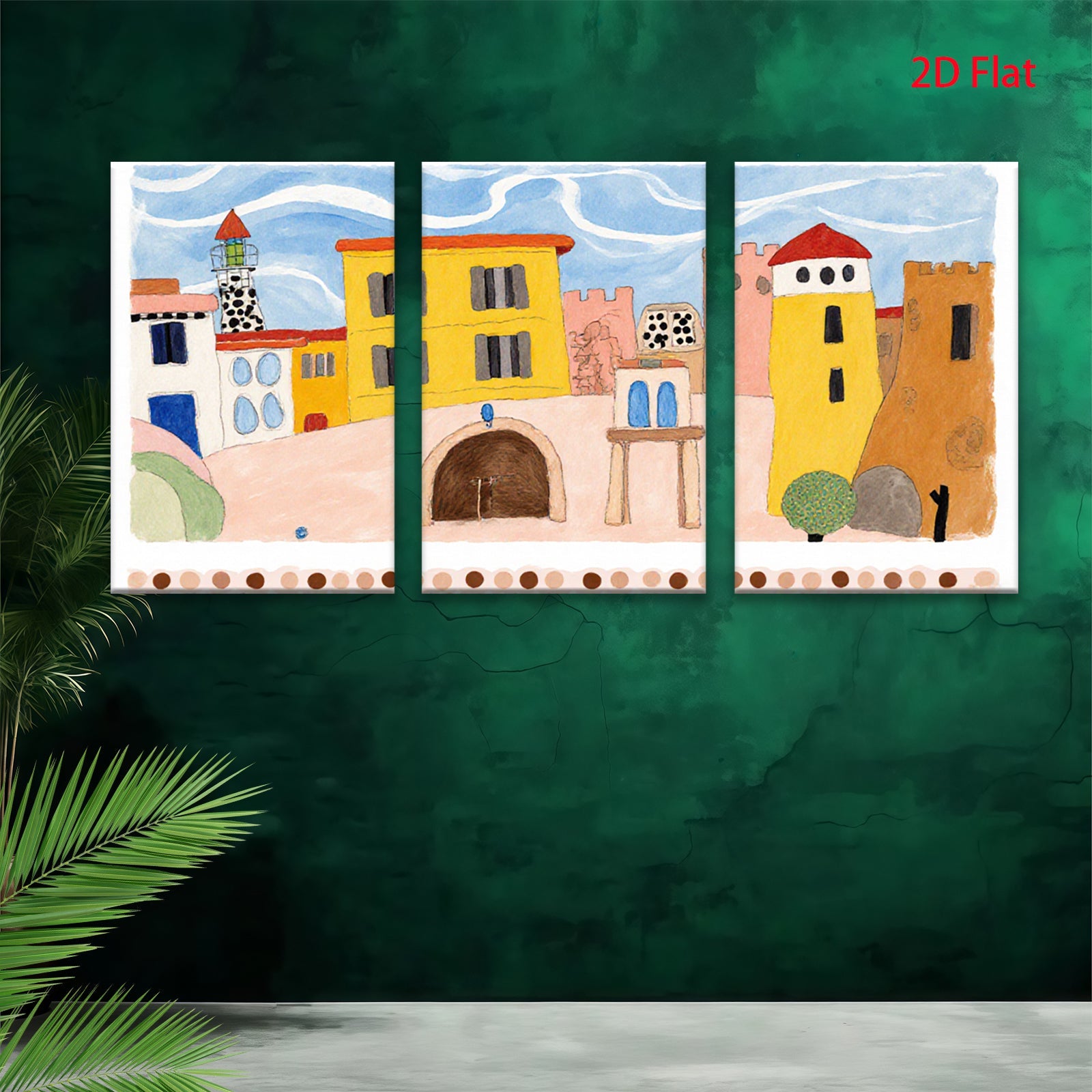 2D flat 1pc whimsical coastal townscape painting for kids room nursery decor farmhouse wall art modern minimalist gallery wrapped canvas print