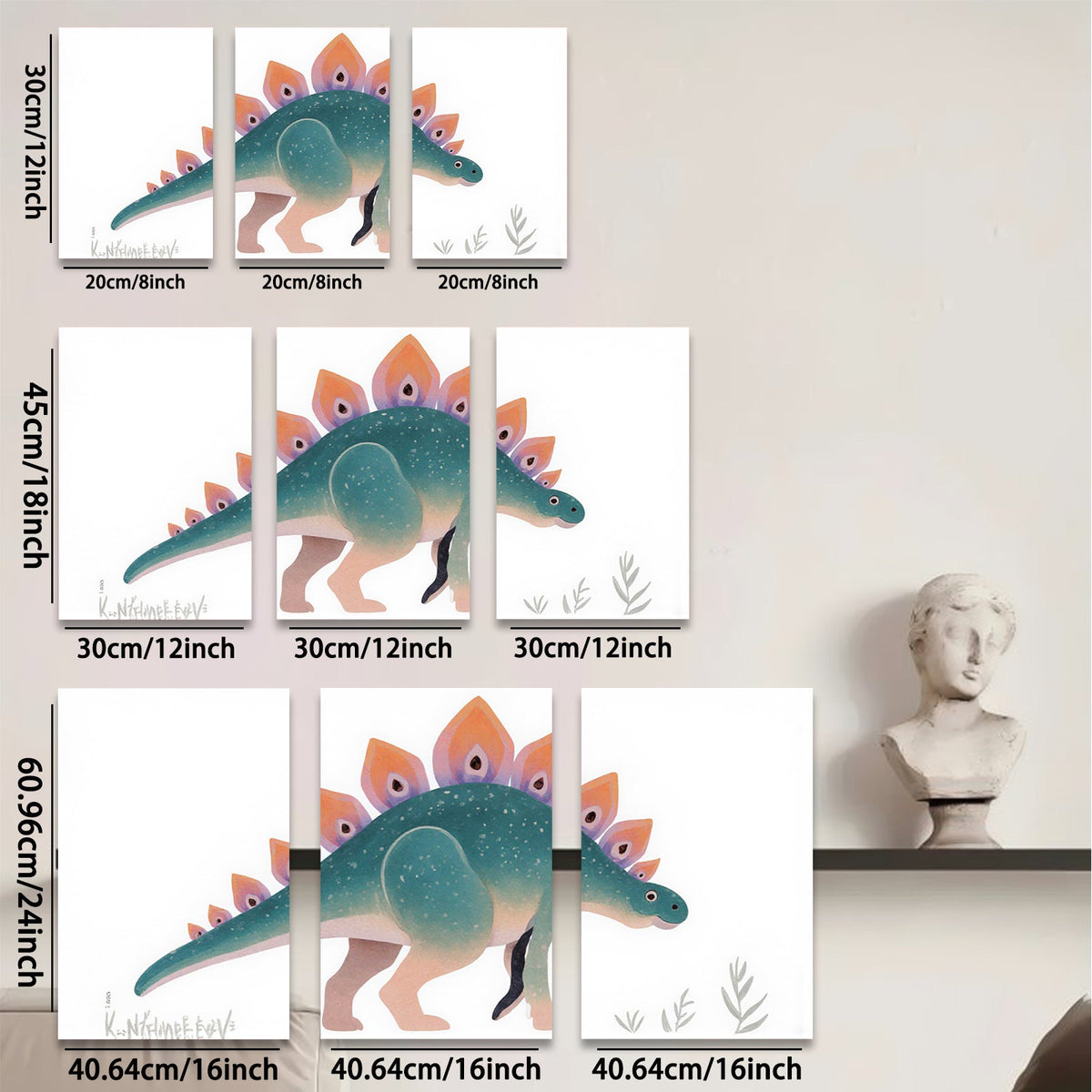 2D flat 1pc whimsical dinosaur wall art modern botanical print kids room nursery playroom decor gallery wrapped canvas farmhouse style