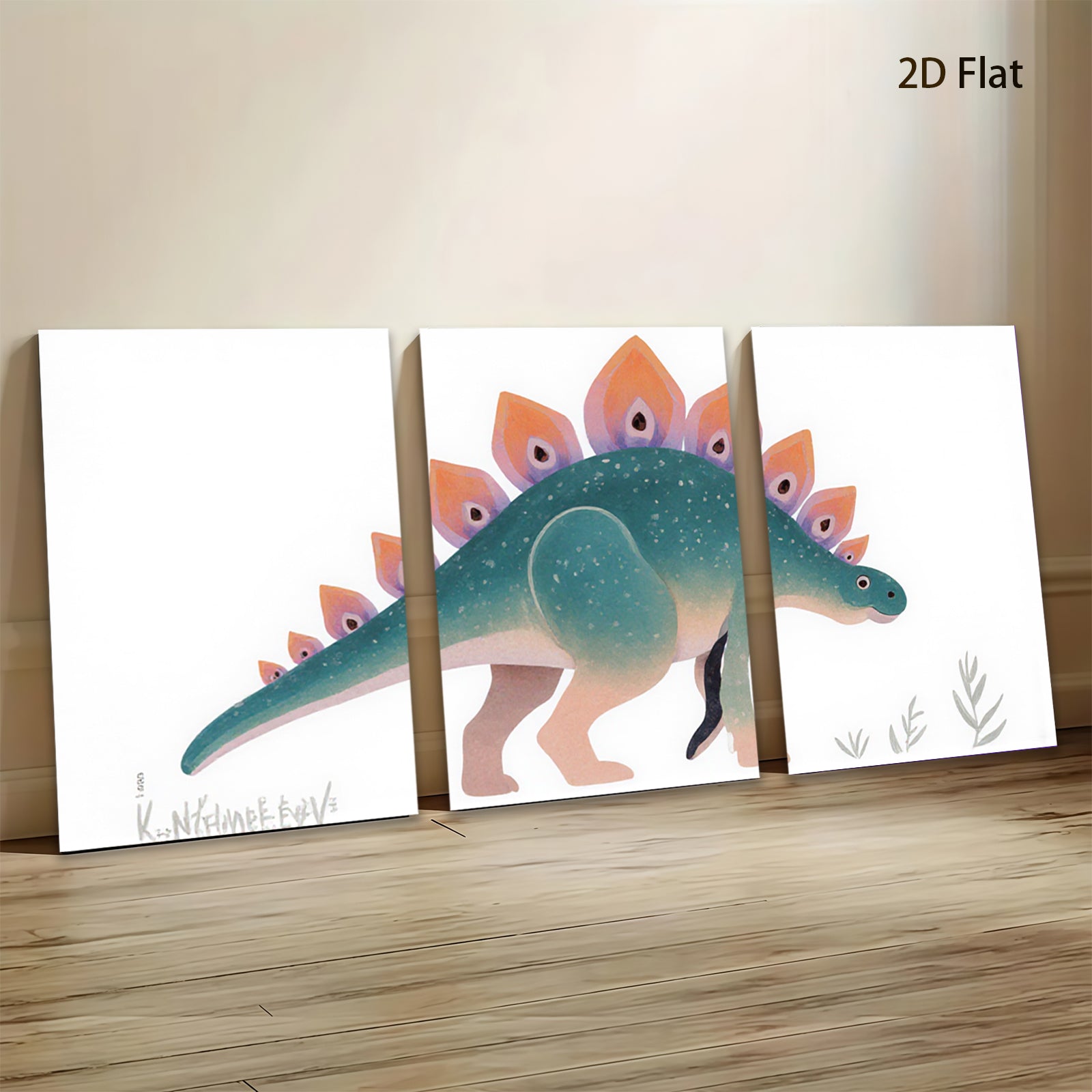 2D flat 1pc whimsical dinosaur wall art modern botanical print kids room nursery playroom decor gallery wrapped canvas farmhouse style