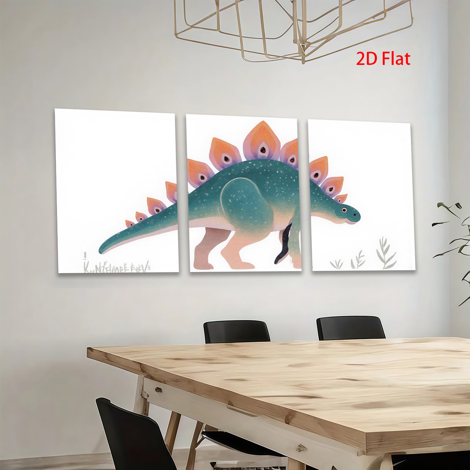 2D flat 1pc whimsical dinosaur wall art modern botanical print kids room nursery playroom decor gallery wrapped canvas farmhouse style