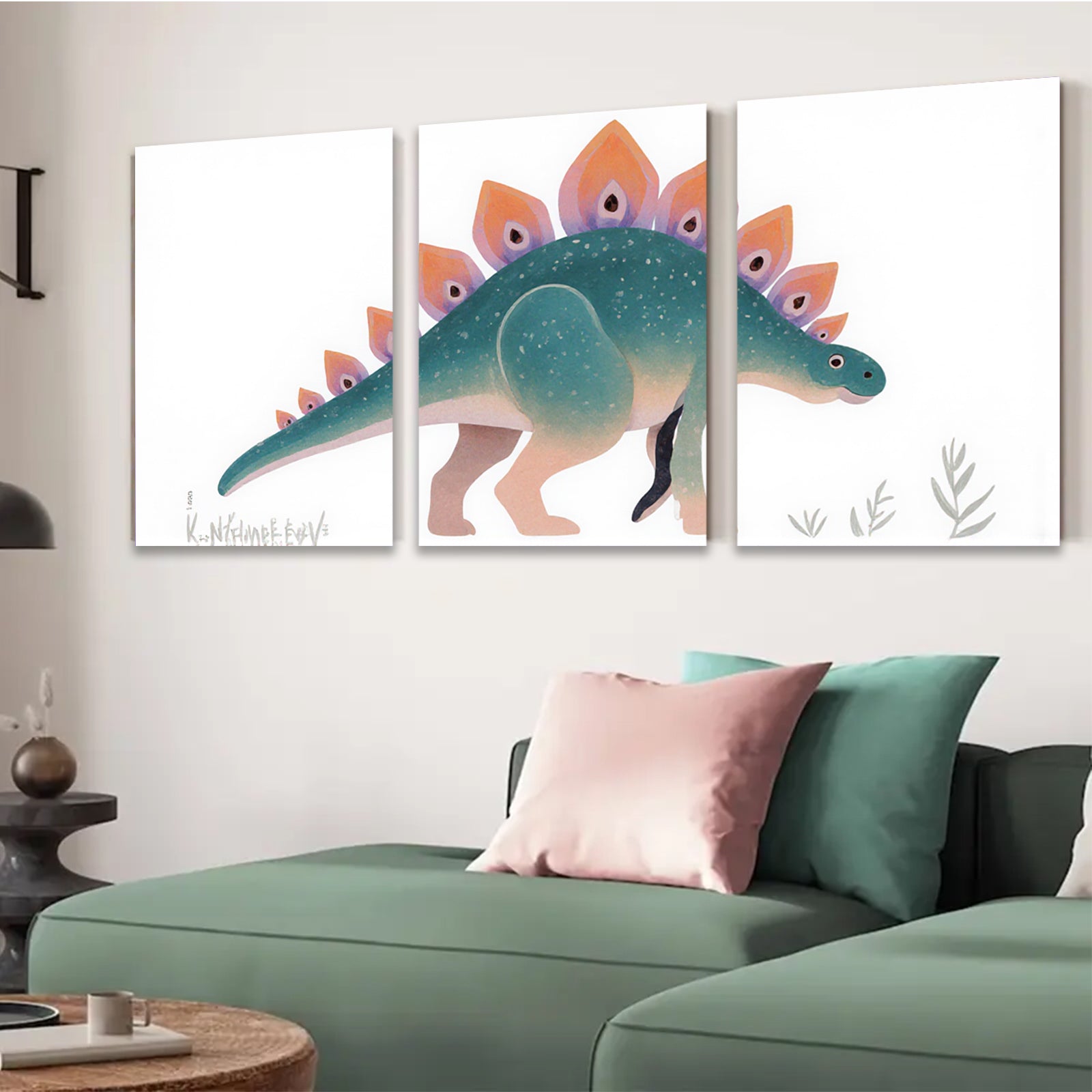 2D flat 1pc whimsical dinosaur wall art modern botanical print kids room nursery playroom decor gallery wrapped canvas farmhouse style