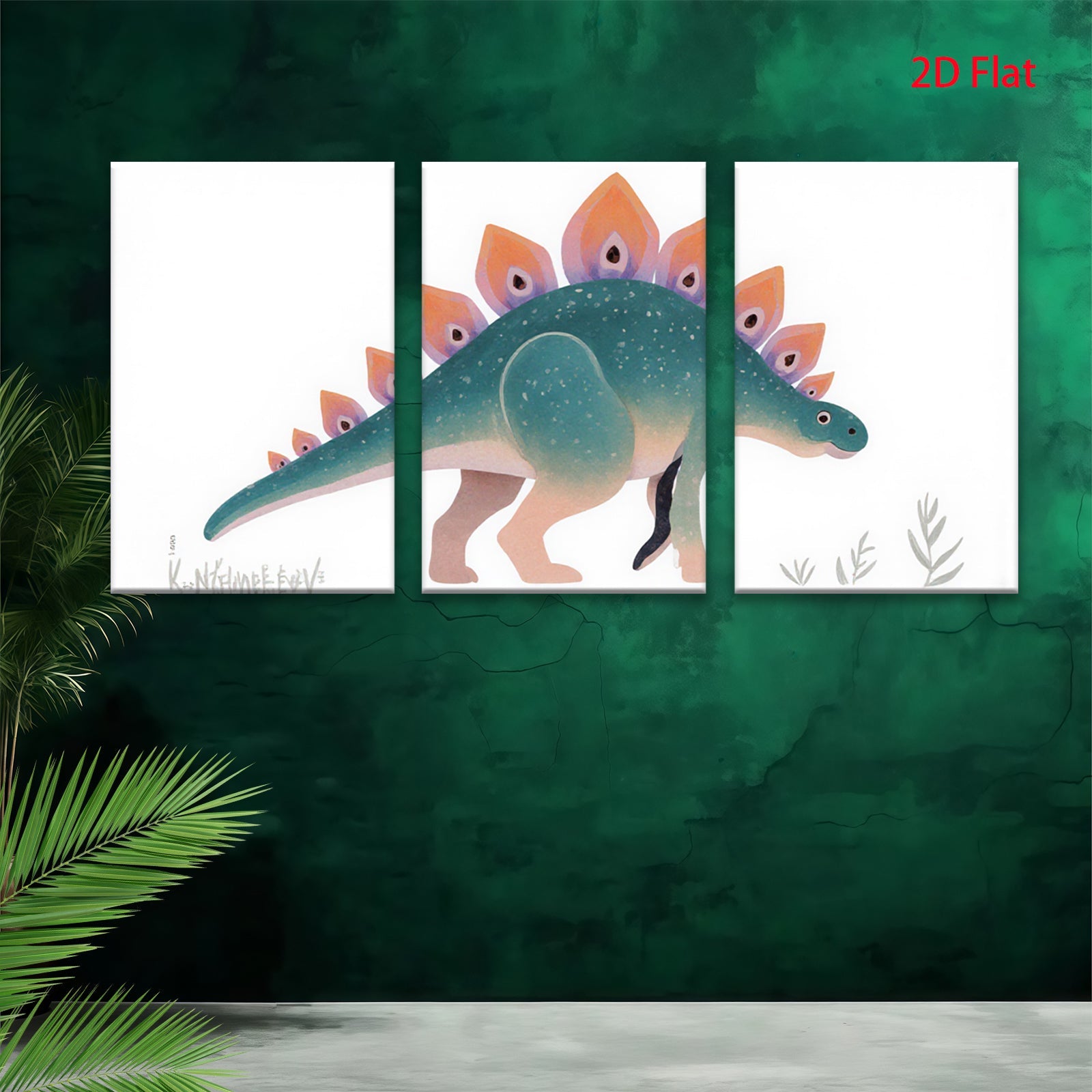 2D flat 1pc whimsical dinosaur wall art modern botanical print kids room nursery playroom decor gallery wrapped canvas farmhouse style