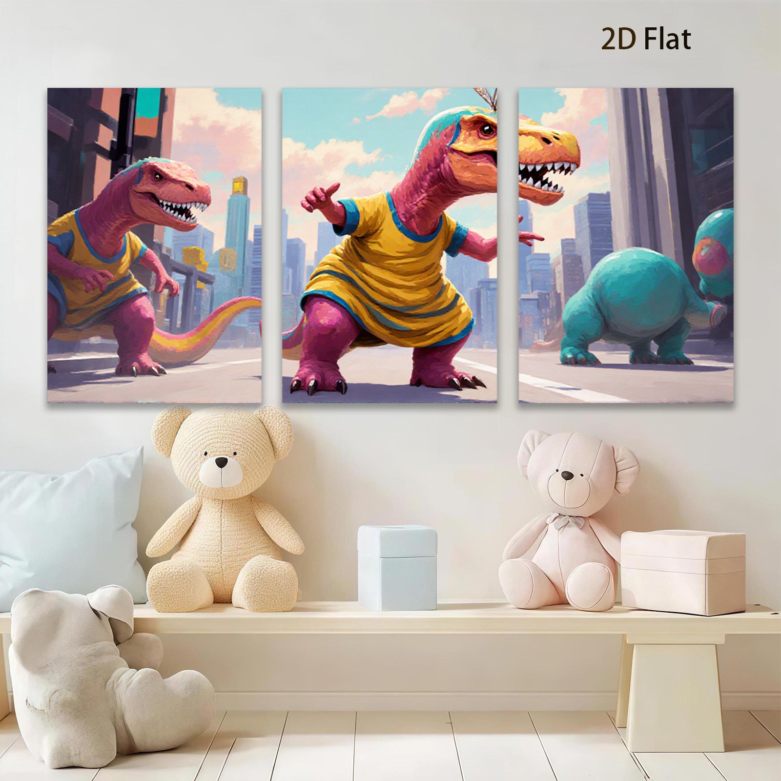 2D flat 1pc whimsical dinosaurs city life modern wall art kids room nursery playroom decor gallery wrapped canvas prints farmhouse style