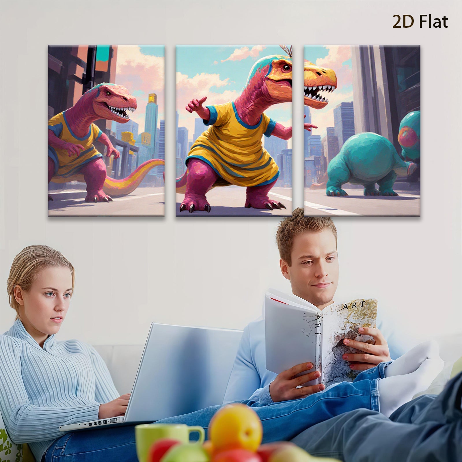 2D flat 1pc whimsical dinosaurs city life modern wall art kids room nursery playroom decor gallery wrapped canvas prints farmhouse style