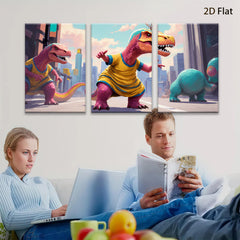 2D flat 1pc whimsical dinosaurs city life modern wall art kids room nursery playroom decor gallery wrapped canvas prints farmhouse style