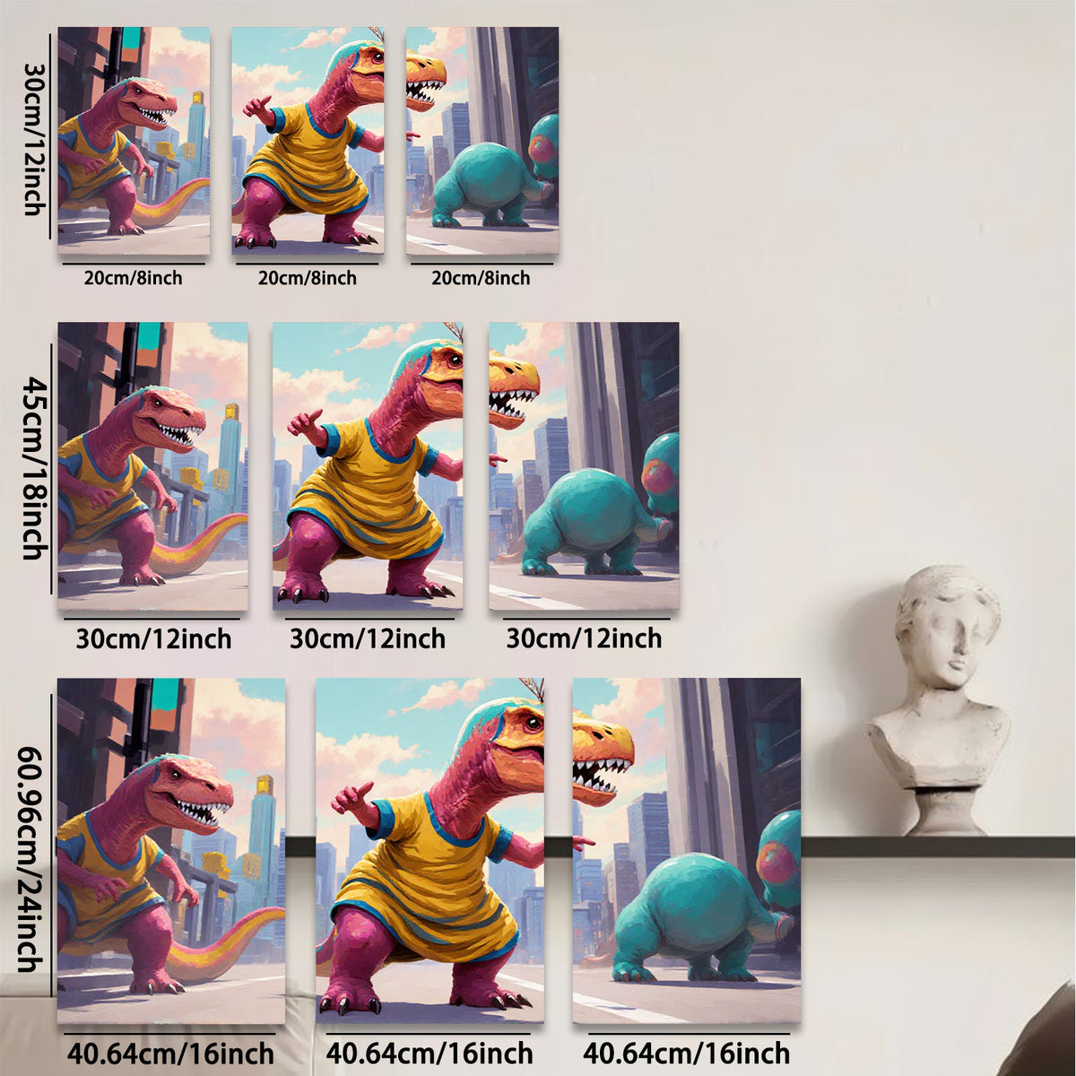 2D flat 1pc whimsical dinosaurs city life modern wall art kids room nursery playroom decor gallery wrapped canvas prints farmhouse style