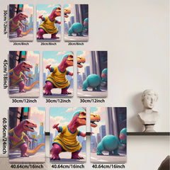 2D flat 1pc whimsical dinosaurs city life modern wall art kids room nursery playroom decor gallery wrapped canvas prints farmhouse style