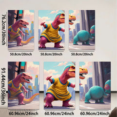 2D flat 1pc whimsical dinosaurs city life modern wall art kids room nursery playroom decor gallery wrapped canvas prints farmhouse style