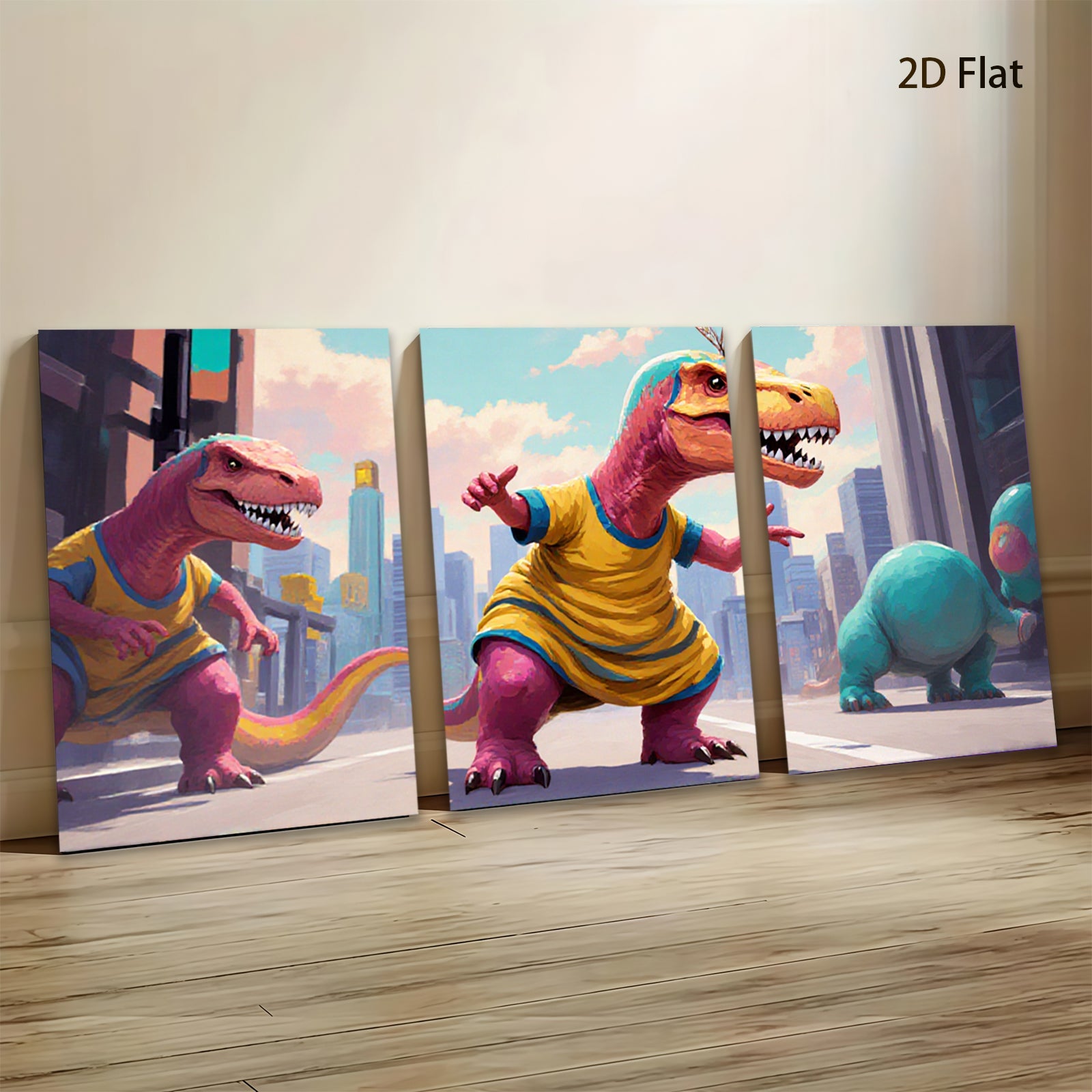 2D flat 1pc whimsical dinosaurs city life modern wall art kids room nursery playroom decor gallery wrapped canvas prints farmhouse style