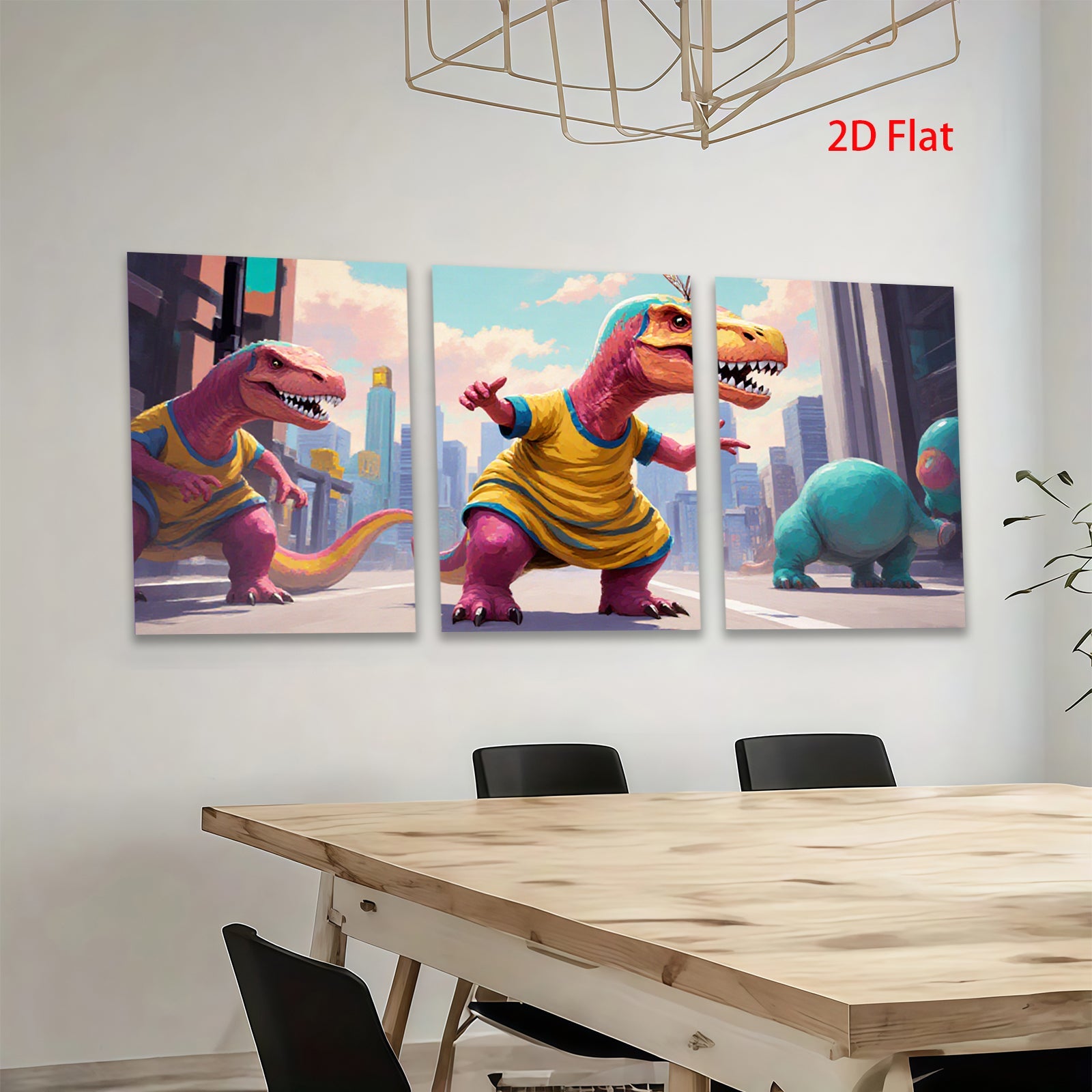 2D flat 1pc whimsical dinosaurs city life modern wall art kids room nursery playroom decor gallery wrapped canvas prints farmhouse style