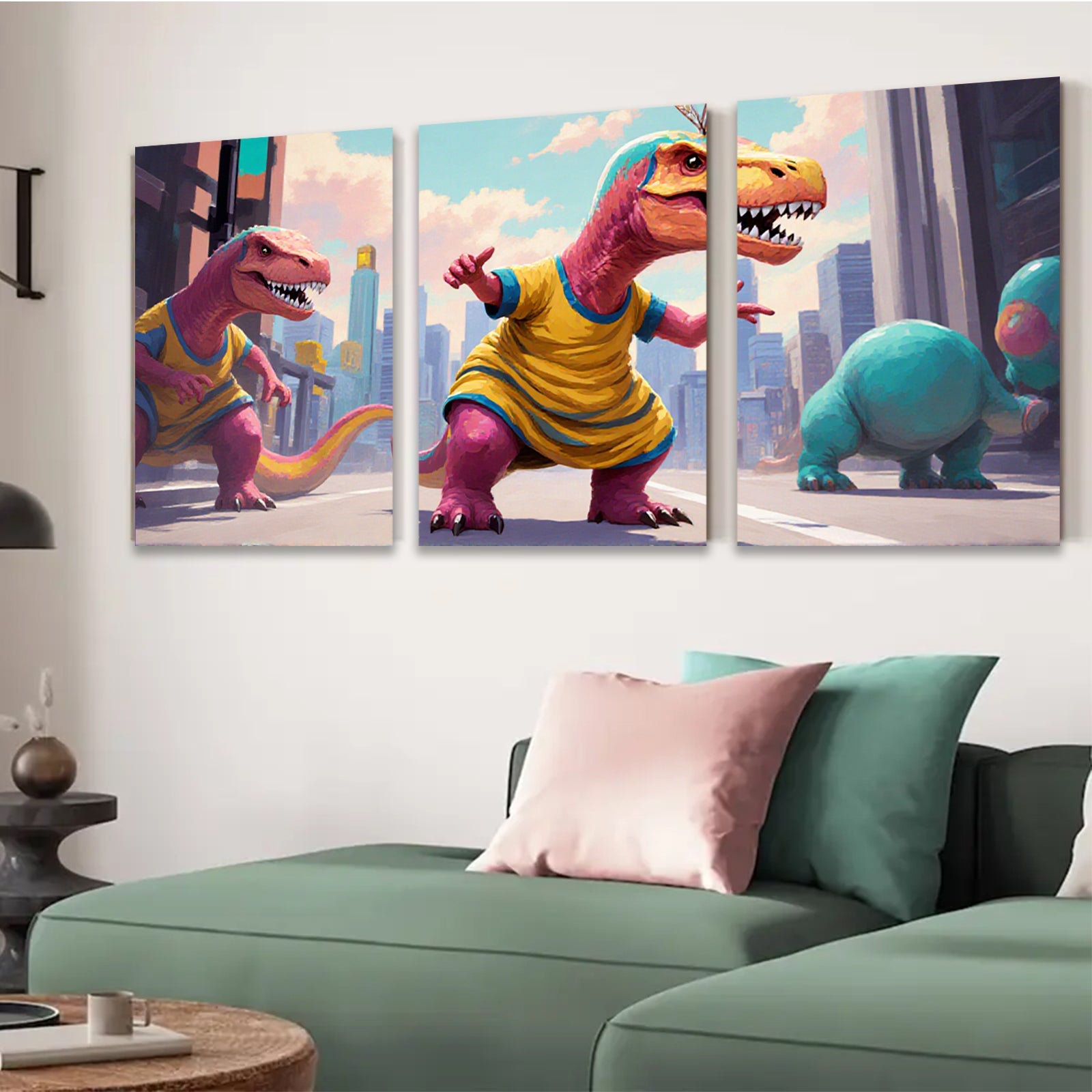 2D flat 1pc whimsical dinosaurs city life modern wall art kids room nursery playroom decor gallery wrapped canvas prints farmhouse style