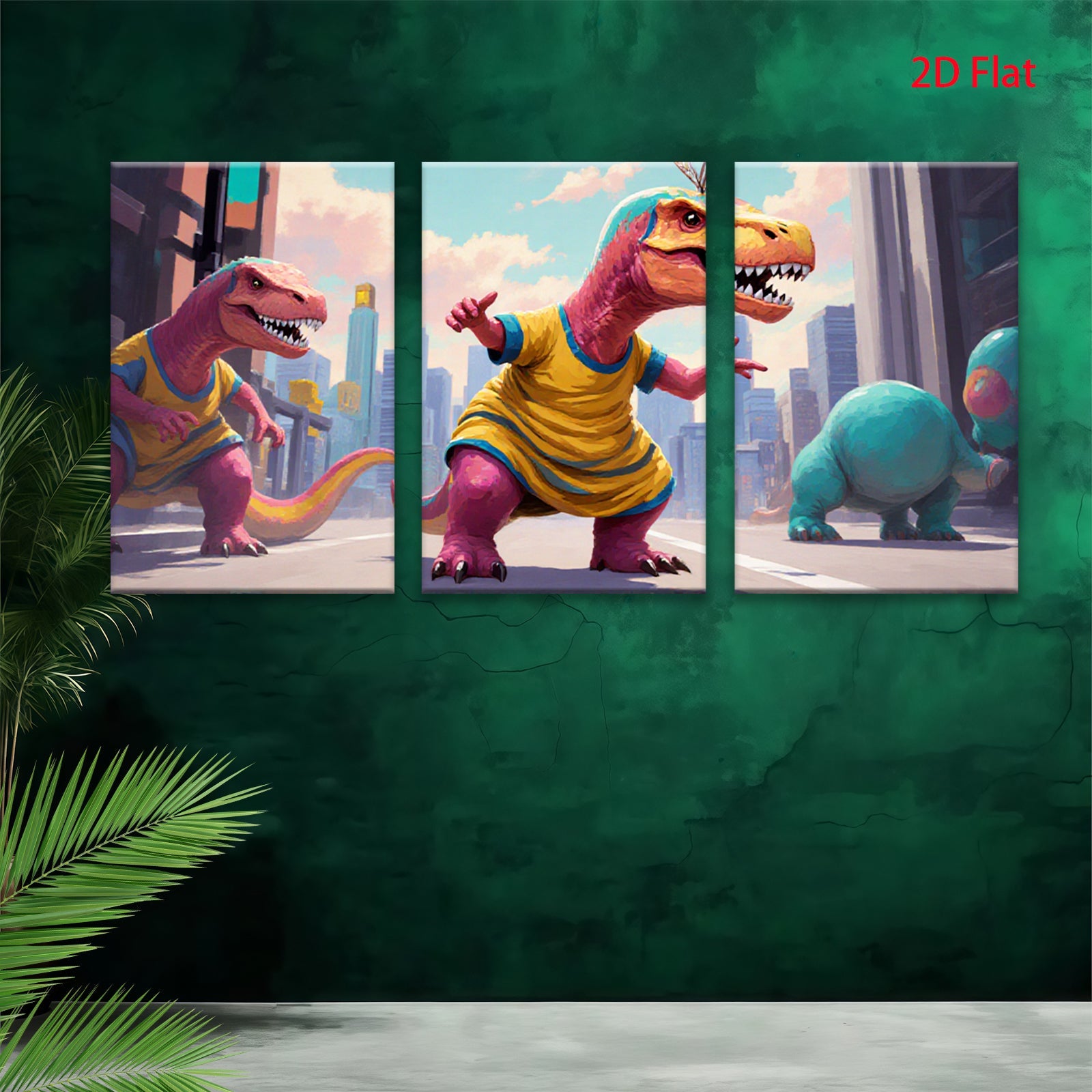 2D flat 1pc whimsical dinosaurs city life modern wall art kids room nursery playroom decor gallery wrapped canvas prints farmhouse style