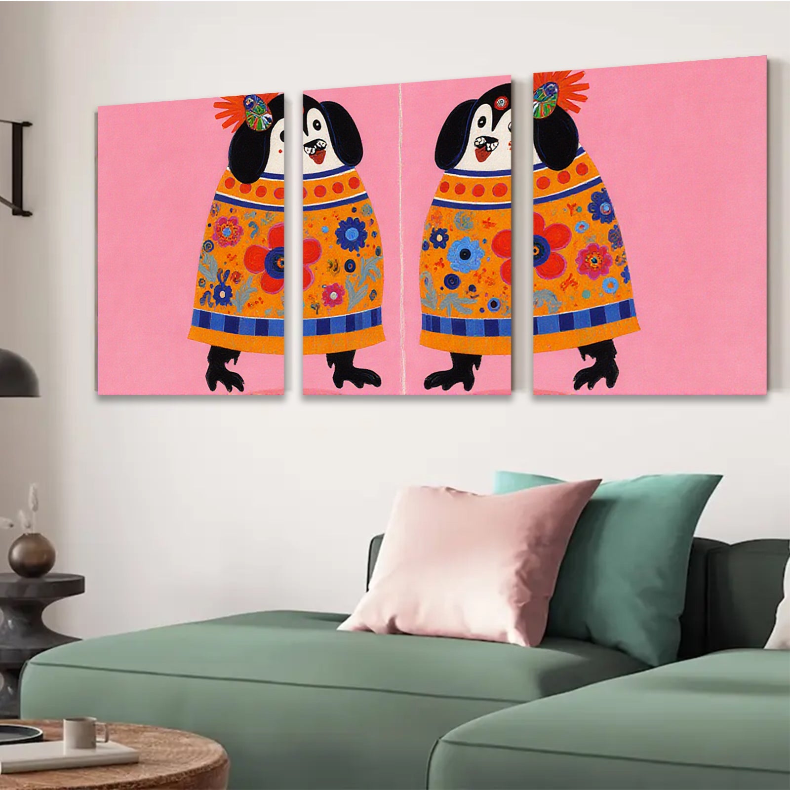 2D flat 1pc whimsical dog portrait vibrant floral dress farmhouse wall art kids room decor gallery wrapped canvas print modern aesthetic