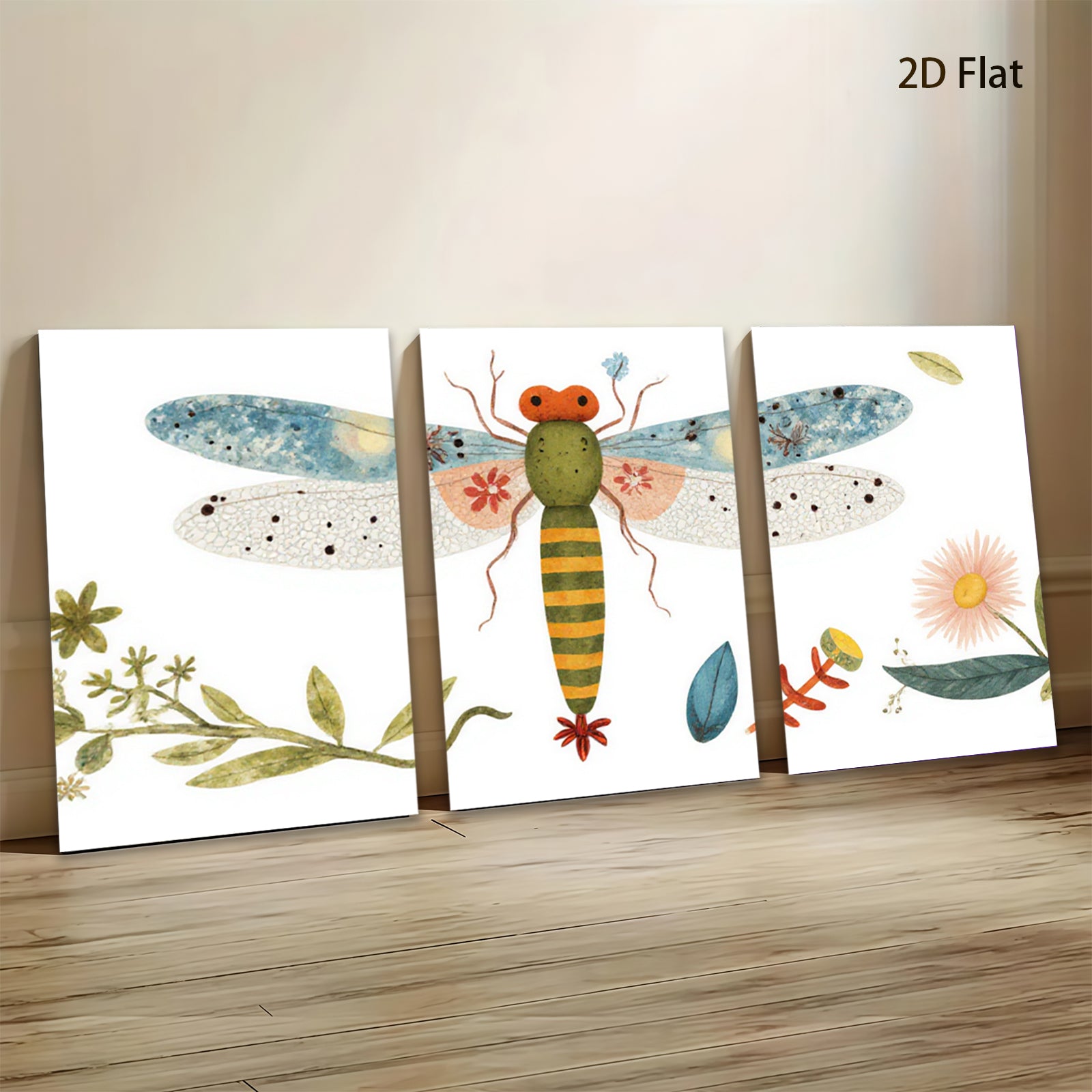 2D flat 1pc whimsical dragonfly botanical wall art prints farmhouse kitchen living room decor gallery wrapped canvas modern aesthetic