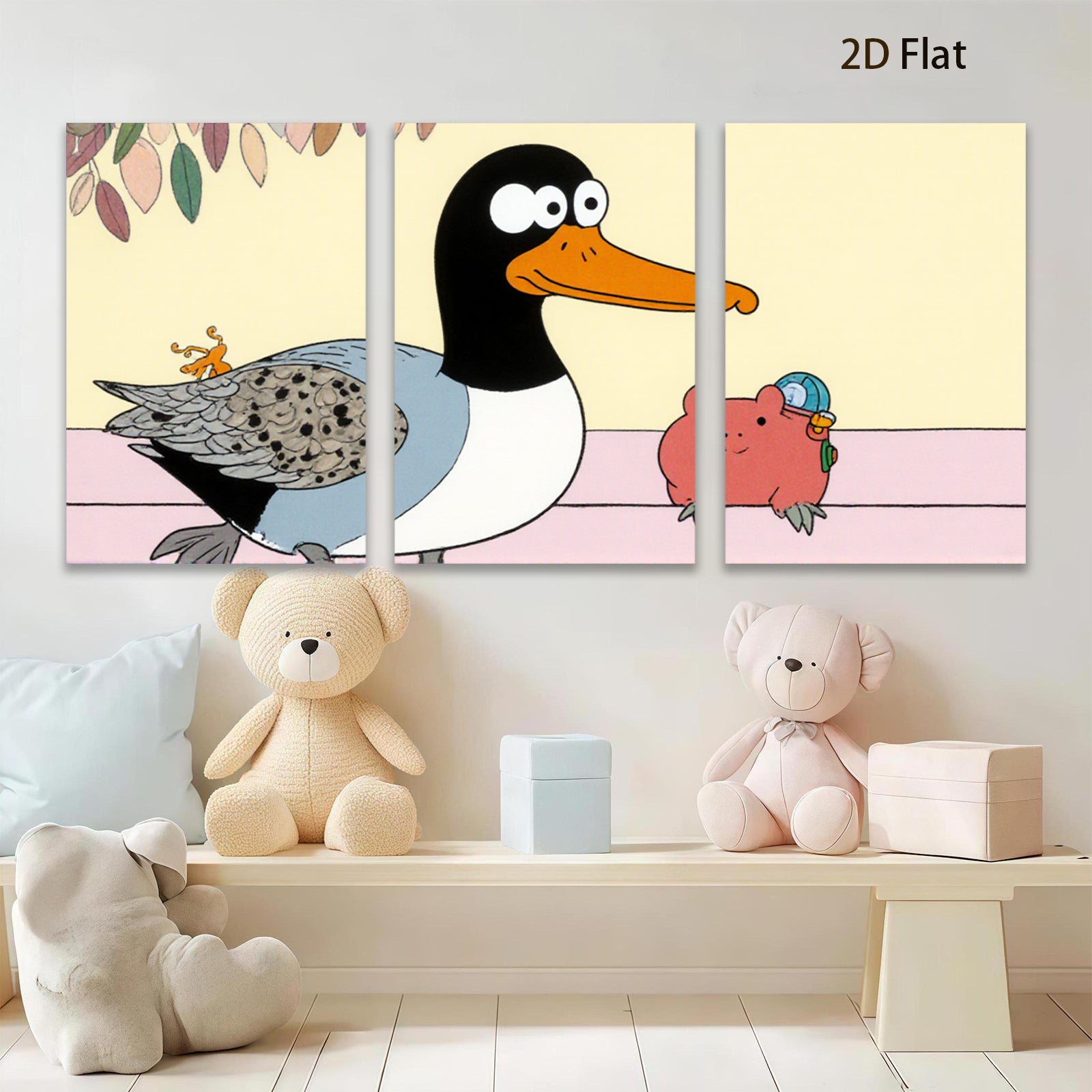 2D flat 1pc whimsical duck pig illustration kids room nursery playroom wall decor farmhouse style modern minimalist gallery wrapped canvas prints