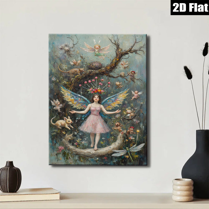2D flat 1pc whimsical fairy realm enchanted forest girl pastel dreamscape bedroom wall art gallery wrapped canvas modern farmhouse décor