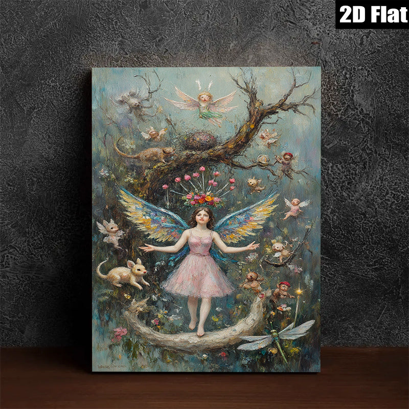2D flat 1pc whimsical fairy realm enchanted forest girl pastel dreamscape bedroom wall art gallery wrapped canvas modern farmhouse décor