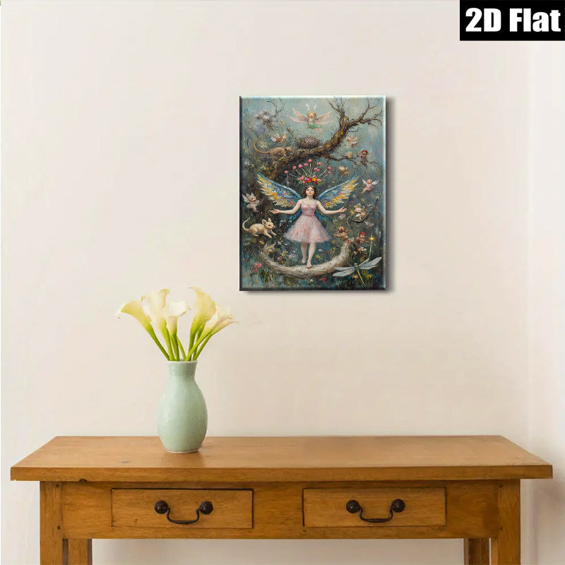 2D flat 1pc whimsical fairy realm enchanted forest girl pastel dreamscape bedroom wall art gallery wrapped canvas modern farmhouse décor