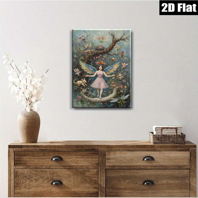 2D flat 1pc whimsical fairy realm enchanted forest girl pastel dreamscape bedroom wall art gallery wrapped canvas modern farmhouse décor