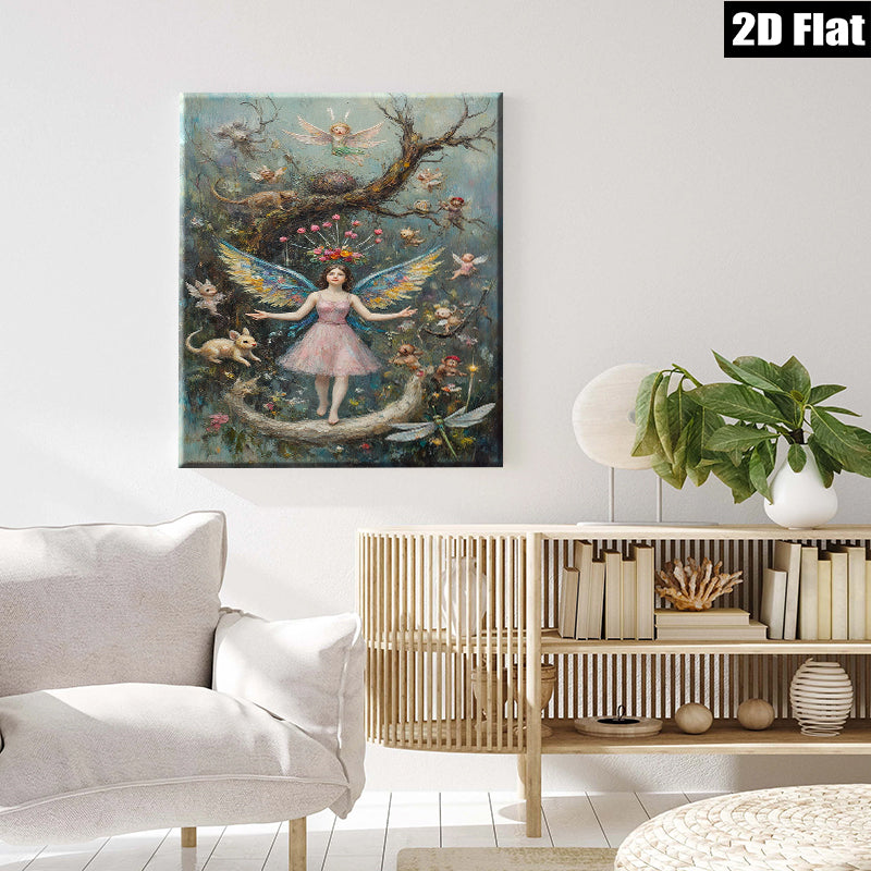 2D flat 1pc whimsical fairy realm enchanted forest girl pastel dreamscape bedroom wall art gallery wrapped canvas modern farmhouse décor