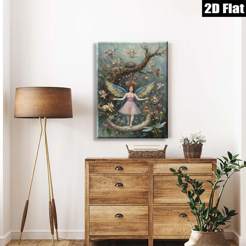 2D flat 1pc whimsical fairy realm enchanted forest girl pastel dreamscape bedroom wall art gallery wrapped canvas modern farmhouse décor