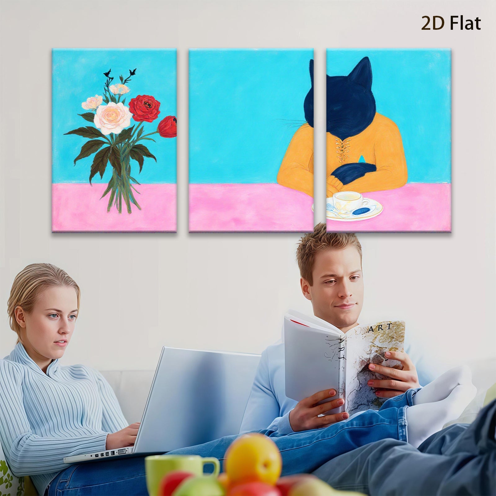 2D flat 1pc whimsical feline enjoys roses perfect for living room bedroom gallery wall art modern farmhouse decor statement piece